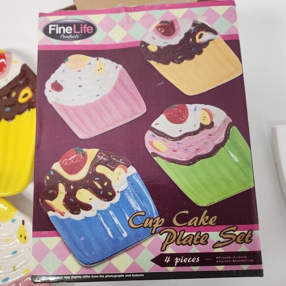 Cup Cake Plate Set Multicolor Ceramic Dessert Plates 4Pcs Fine Life Products NEW - Picture 5 of 7